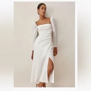 NWT Reformation Isaac Dress White Ruched Long Sleeve Side Slit Midi Size 6